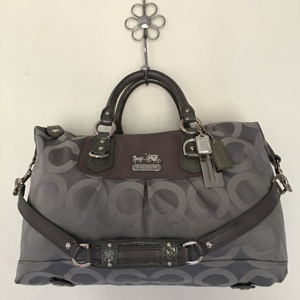 Coach Ashley Satchel Handbag Monogram Jacquard Gray Shoulder Strap Handle - Picture 1 of 13